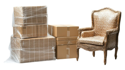 Stacked cardboard boxes and a vintage chair ready for moving in a home environment.