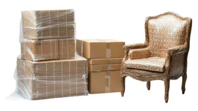 Stacked cardboard boxes and a vintage chair ready for moving in a home environment.