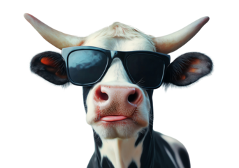 A funny cow or cattle head with sunglasses looking at camera isolated on a transparent PNG or white background. Farmland animals concept.