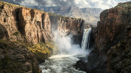 Dramatic Waterfall Pouring into Deep Canyon