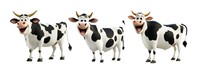 A set of laughing funny cows or castles isolated on transparent or white background. Farmland animals concept.