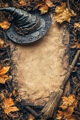 Mysterious witch hat and broom surrounded by autumn leaves with old scroll on rustic background for halloween theme