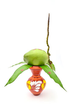 DECORATIVE PUJA GHAT ON WHITE BACKGROUND.INDIAN PUJA EQUIPMENT.