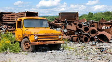 Obraz premium Abandoned Scrapyard with Rusted Vehicles and Machinery Remains - Overgrown Weeds and Broken Metal Parts Create a Chaotic Landscape