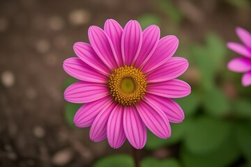 Obraz premium A vibrant pink flower with a yellow center, elegantly displayed on a deep brown background, showcasing its natural beauty. Generative AI