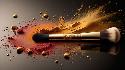 A makeup brush splatters vibrant powder against a backdrop of gold and silk, exuding elegance and opulence in this striking image.