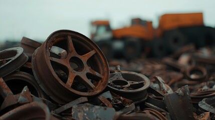 Obraz premium Abandoned Vintage Trucks with Rusted Rims in Industrial Scrapyard - A Haunting Look at Discarded Machinery and Forgotten History