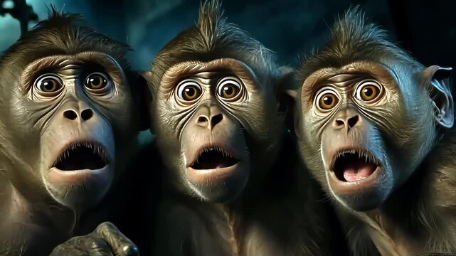 Three surprised monkeys posing and making funny faces with open mouths