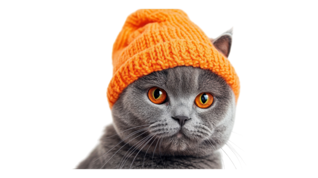 A playful gray cat wearing a bright orange knitted hat looks curiously at the camera during a cheerful indoor setting.