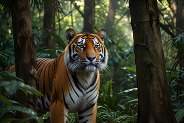 Fototapeta premium Majestic Bengal Tiger Prowling Through Lush Jungle Foliage