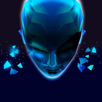 Blue luminous low poly hologram with a human face with glitch effect on a dark background