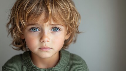 Naklejka premium A young boy with curly hair and bright blue eyes looks thoughtfully at the viewer