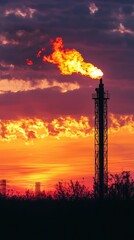 Silhouetted Gas Flare Tower at Stunning Sunset