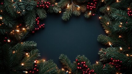 Top view of Christmas frame with green pine, red berries, and fairy lights creating black space for copy.