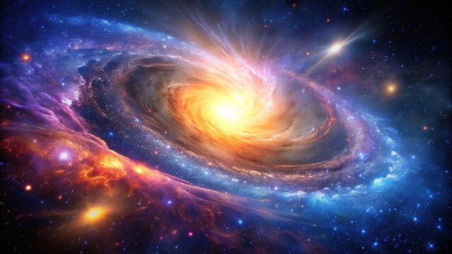 Galactic collision in a distant galaxy with colorful stars and gas, space collision, stardust, cosmic event