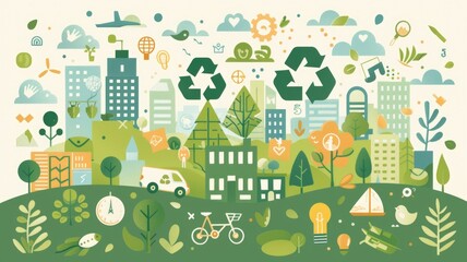 Sustainable cityscape with eco-friendly icons and nature elements for environmental awareness green Friday campaign
