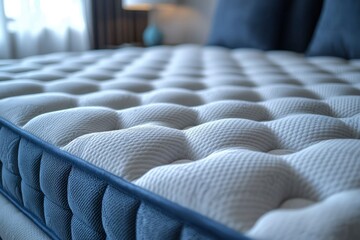 Fototapeta premium Close-up of a White and Blue Padded Mattress