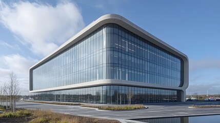 Solar PV panels integrated into the facade of a modern office building, generating power while enhancing the design
