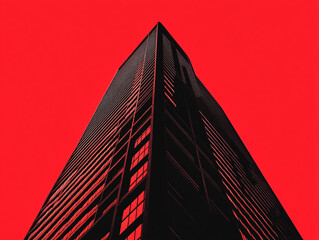 A tall building with a red background. The building is black and has many windows. 