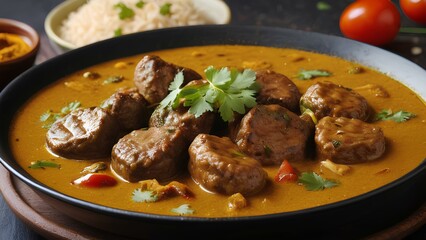 A hot curry with kabab, served with grilled meat and rice. A savory dish packed with flavor and spices.