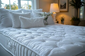 A White Pillowtop Mattress with Decorative Stitching and a Window in the Background