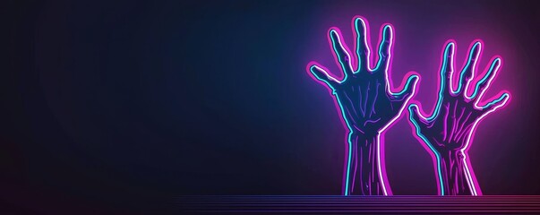 Two glowing hands reach upward against a dark background, enhanced with neon colors, creating a vibrant and dynamic visual effect.