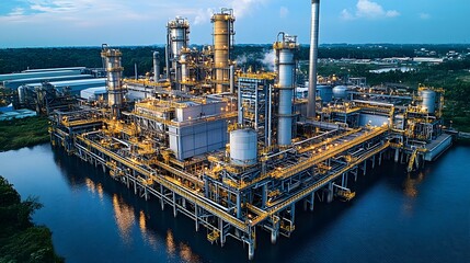 Fototapeta premium A futuristic steel manufacturing plant powered by green hydrogen, showcasing its role in decarbonizing heavy industries