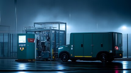 Engineers overseeing green hydrogen production at a large electrolysis facility, surrounded by renewable energy sources