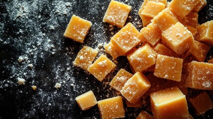 Delightful morsels of caramel scattered elegantly on a textured surface