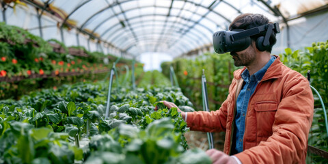 Farmer wears VR or AR glasses in green greenhouse. Modern agricultural practices with virtual reality simulators. Smart farming with AI, futuristic agriculture concept