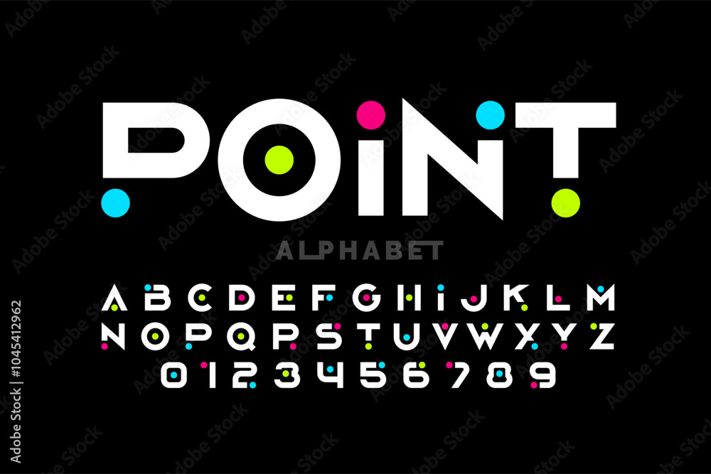 Fototapete point. modern font design with colorful dots inside, alphabet letters and numbers vector illustratio