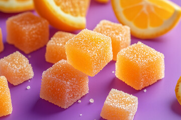 Macro Shot of Orange Sugar Jelly Cubes on Purple Background Vibrant Candy Suitable for Food Blogs, Content, and Advertisements 