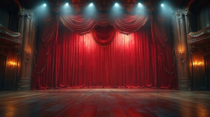 a grand stage adorned with luxurious red curtains illuminated by soft spotlighting conveys a dramatic atmosphere ready for a performance with an elegant wooden floor reflecting the lights
