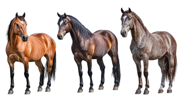 Three distinct horses display unique coat colors and textures, showcasing their natural beauty against a transparent background.