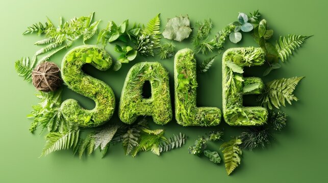 A vibrant green backdrop featuring the word "SALE" formed from lush foliage and leaves emphasizing eco-friendly themes