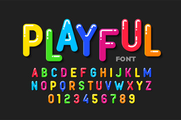 Playful. Funky colorful font, alphabet letters and numbers, vector illustration