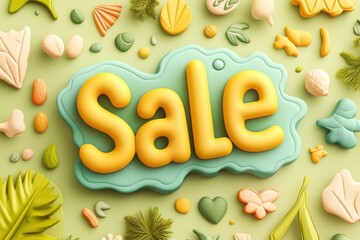 Green Monday background with 'sale' word concept. Colorful sale announcement surrounded by playful nature-themed decorations conveying a fun and engaging vibe