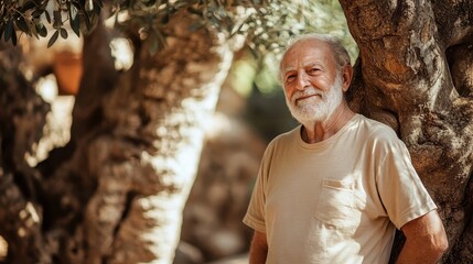 An elderly man stands peacefully by a historic olive tree in a serene garden
