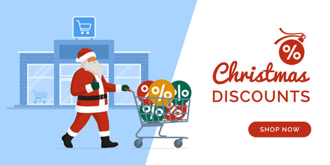 Christmas sale: Santa Claus pushing a shopping cart