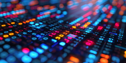 Obraz premium A vibrant array of data streams reflecting digital information in bright colors, representing technology and data visualization.
