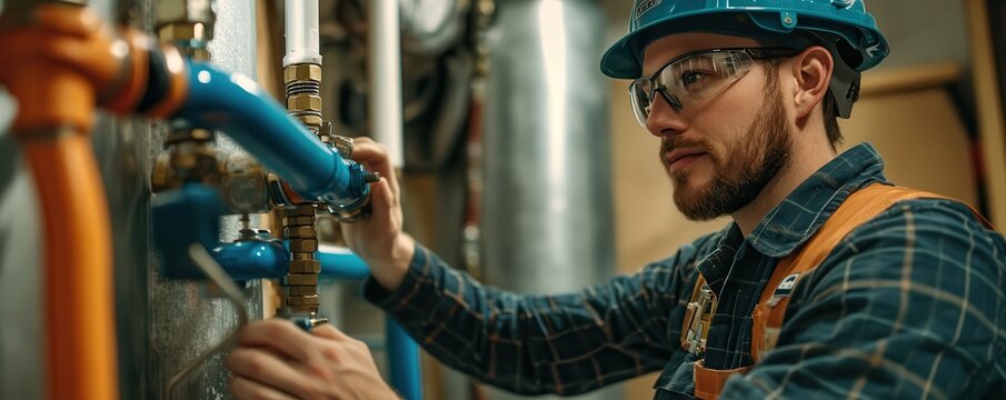 A skilled worker inspects and repairs plumbing systems, wearing protective gear and focused on his task in an industrial setting.