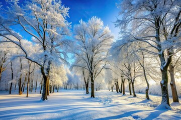Fototapeta premium Icy winter forest scene with bare trees and snow-covered ground, snow covered earth, bare trees, snowy ground