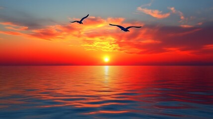 Fototapeta premium Birds flying over a floating solar farm at dawn, symbolizing harmony between renewable energy technology and nature