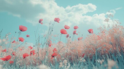 Obraz premium A field of red poppies swaying in the wind against a bright blue sky.