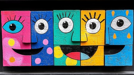 Bright and colorful representation of abstract faces with playful expressions, showcasing vibrant colors and artistic design. This artwork brings joy and creativity to any space