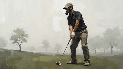 Golf player wearing gas mask compete on a course under heavy air pollution. The hazy, unbreathable atmosphere surrounds the field, emphasizing environmental health risks