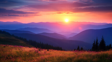 Fototapeta premium The sunset in the valley, wallpaper, a colorful natural phenomenon that is so beautiful