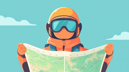 Adventurer in yellow gear studying map against a bright sky background.