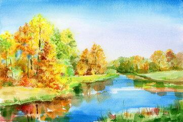 Autumn  landscape.  Golden autumnal  nature with river and reflection . Autumnal background. Watercolor illustration.