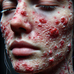 Fototapeta premium Skin irritation and rash caused by the use of an unsuitable skincare product, such as a moisturizer or sunscreen. red, itchy patches of skin, particularly around sensitive areas like the face and neck